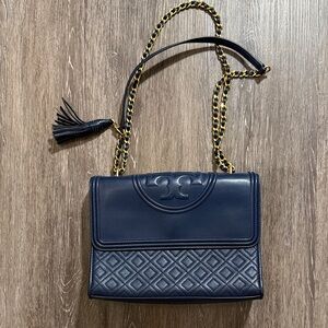 Tory Burch Navy Blue Quilted Leather Fleming Shoulder Bag